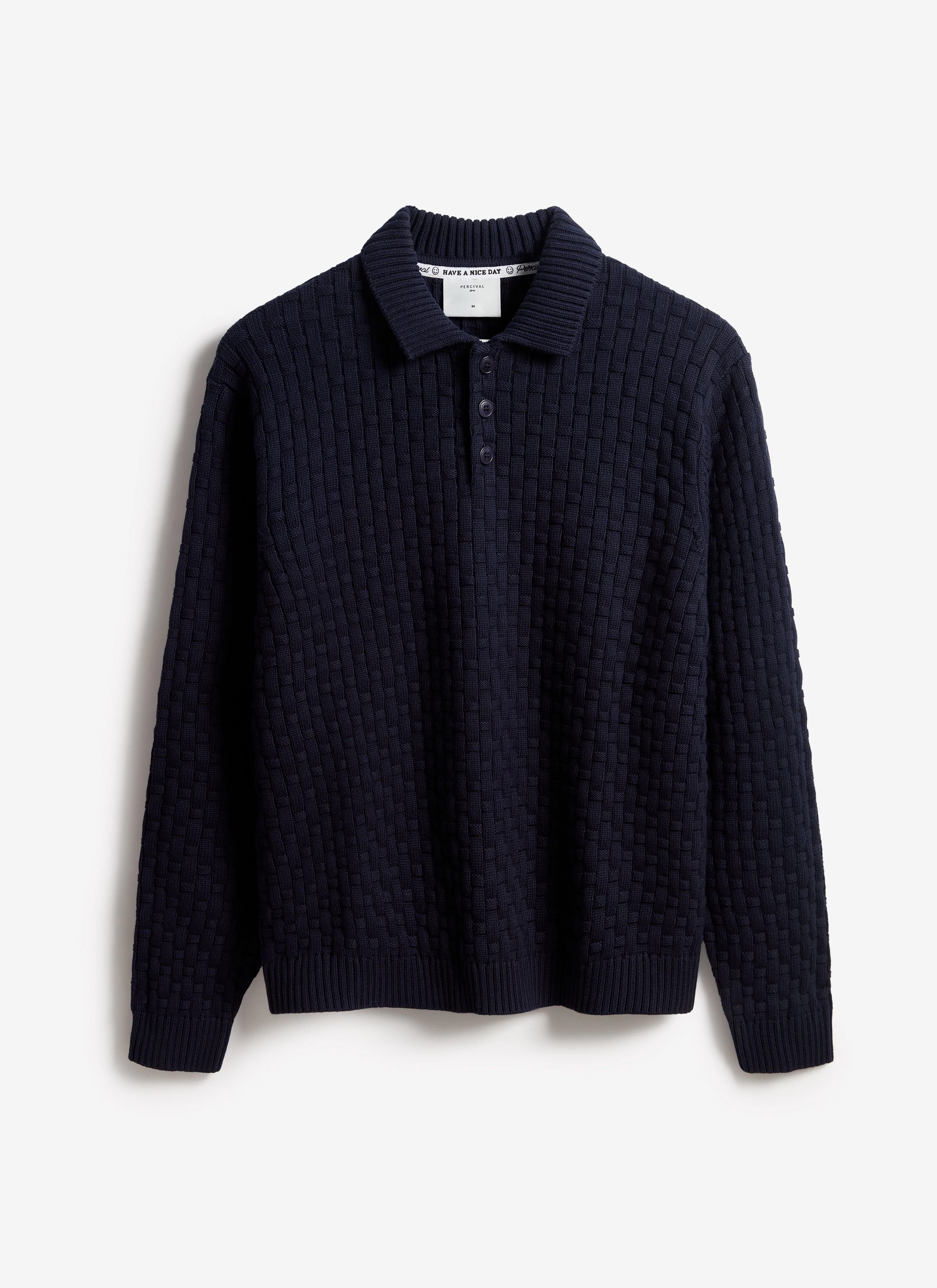 Archer Basketweave Long Sleeve Knitted Shirt | Cotton | Navy