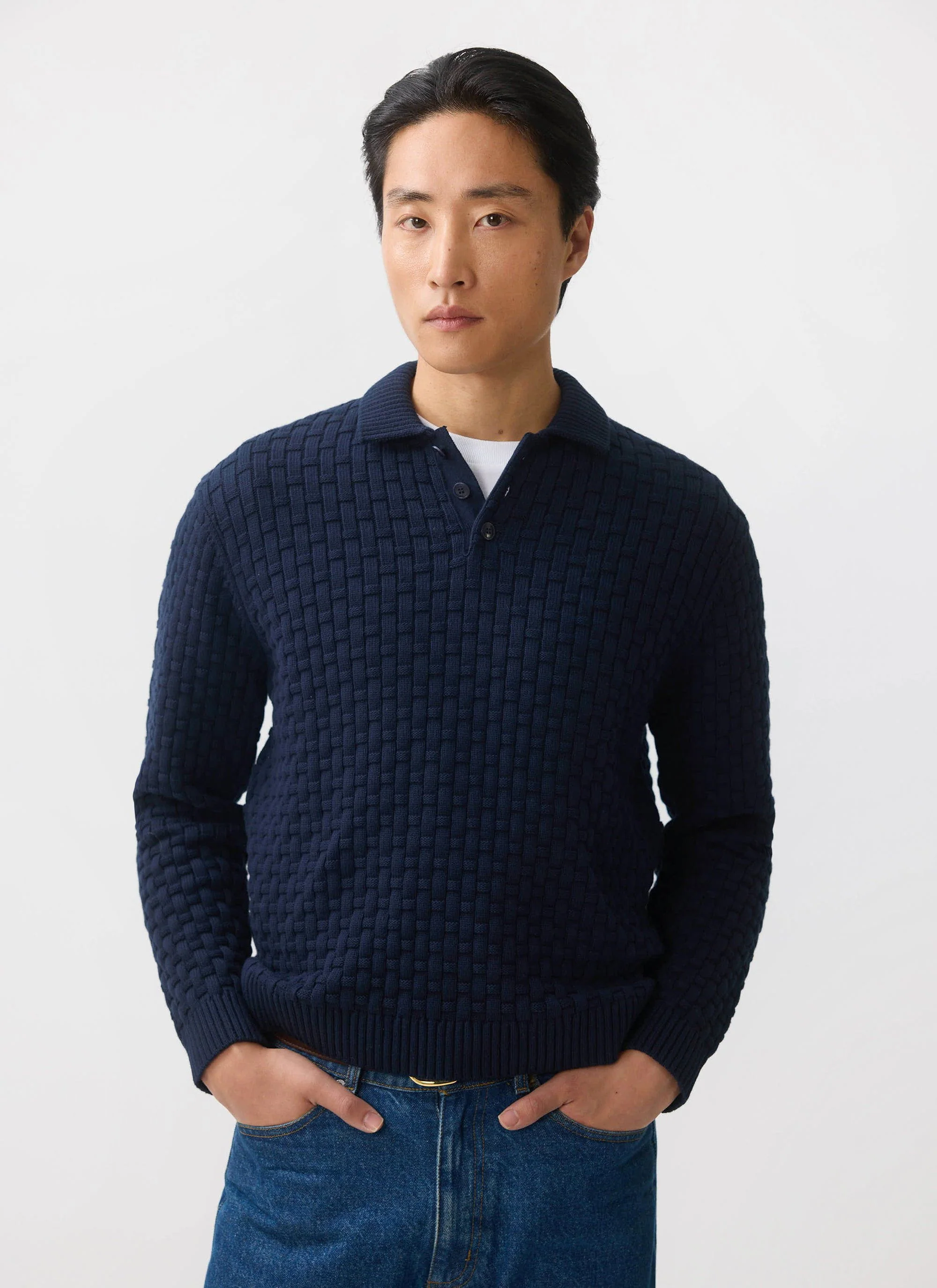 Archer Basketweave Long Sleeve Knitted Shirt | Cotton | Navy - Image 2