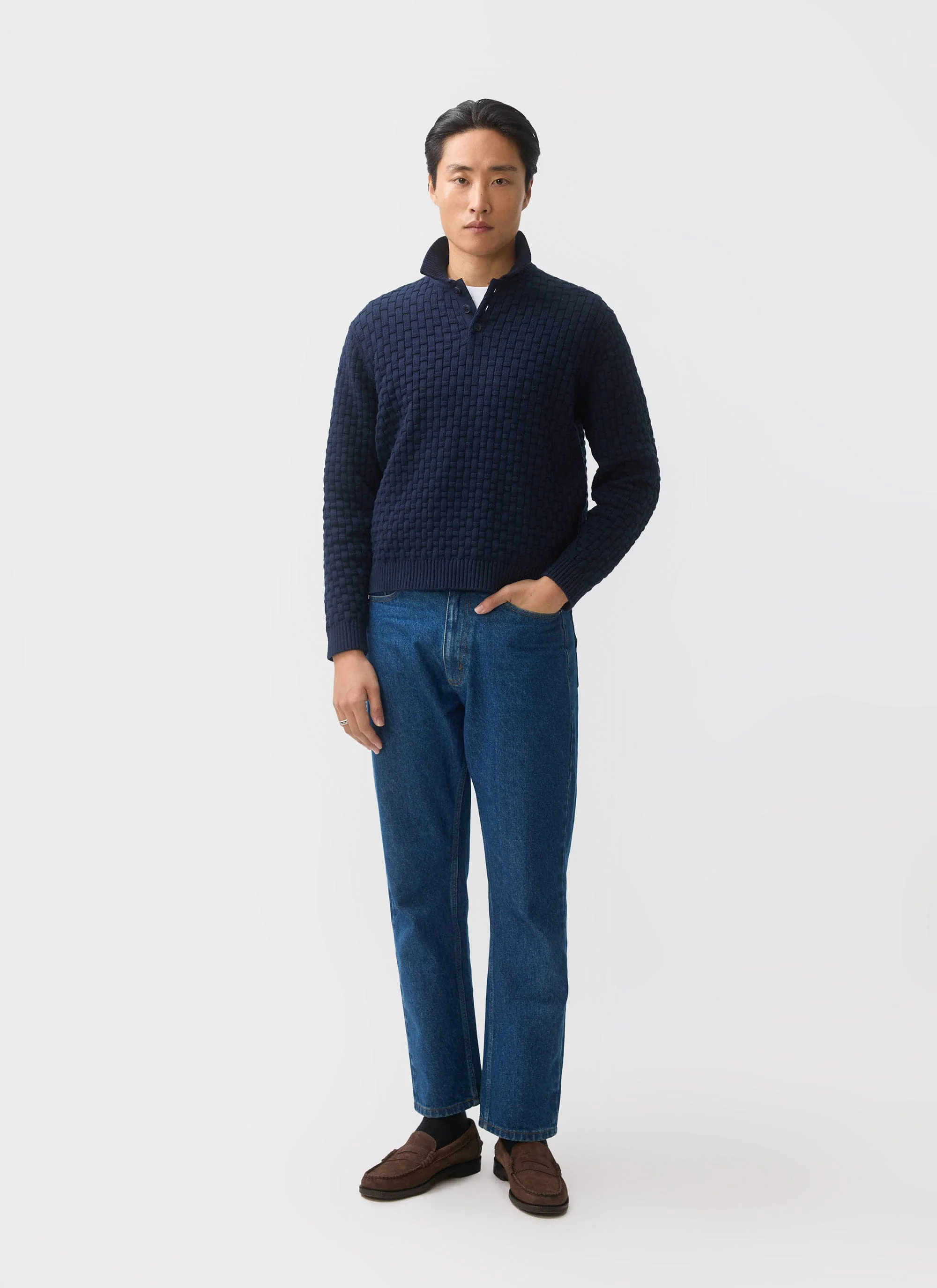 Archer Basketweave Long Sleeve Knitted Shirt | Cotton | Navy - Image 3