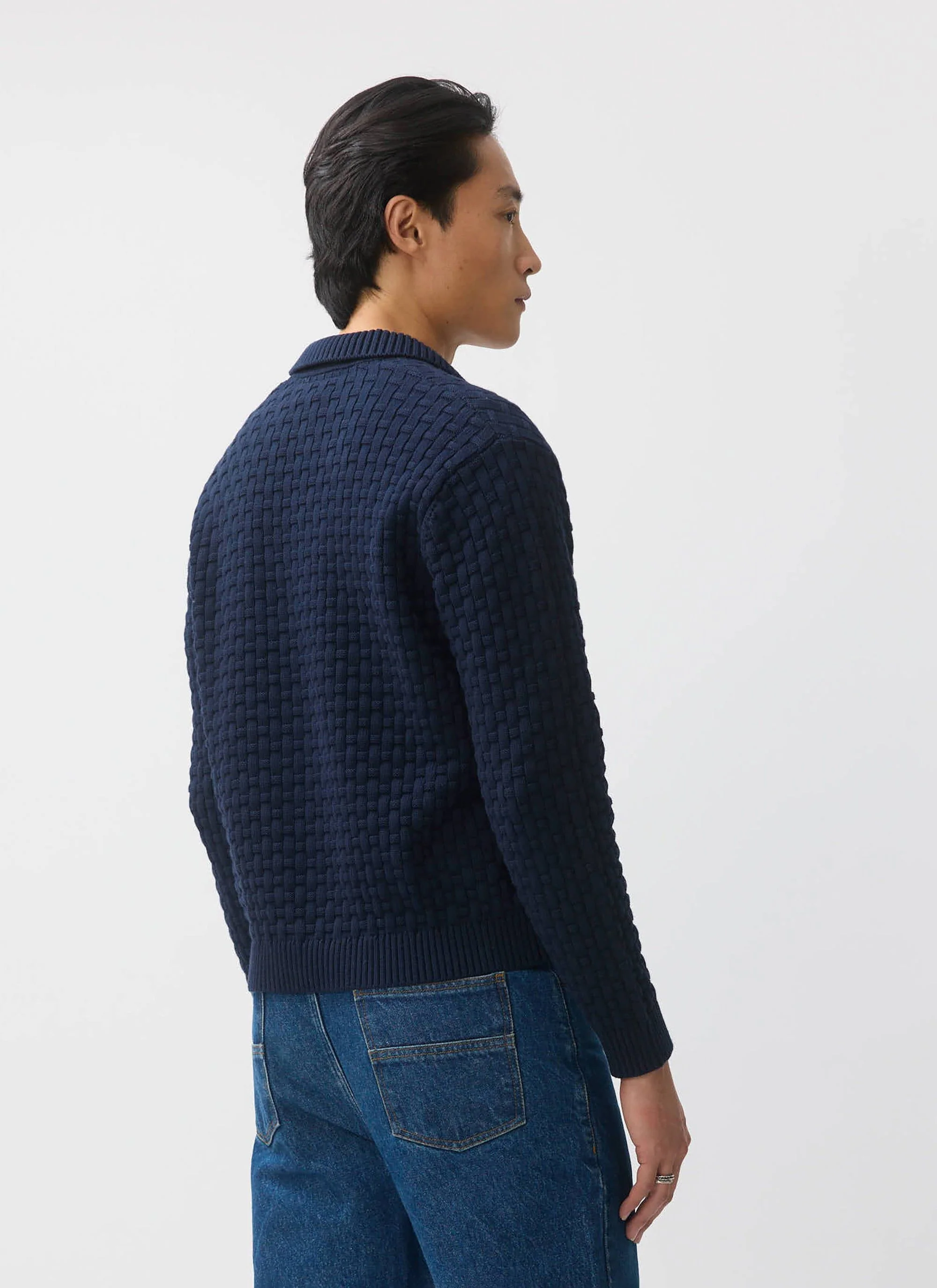 Archer Basketweave Long Sleeve Knitted Shirt | Cotton | Navy - Image 5