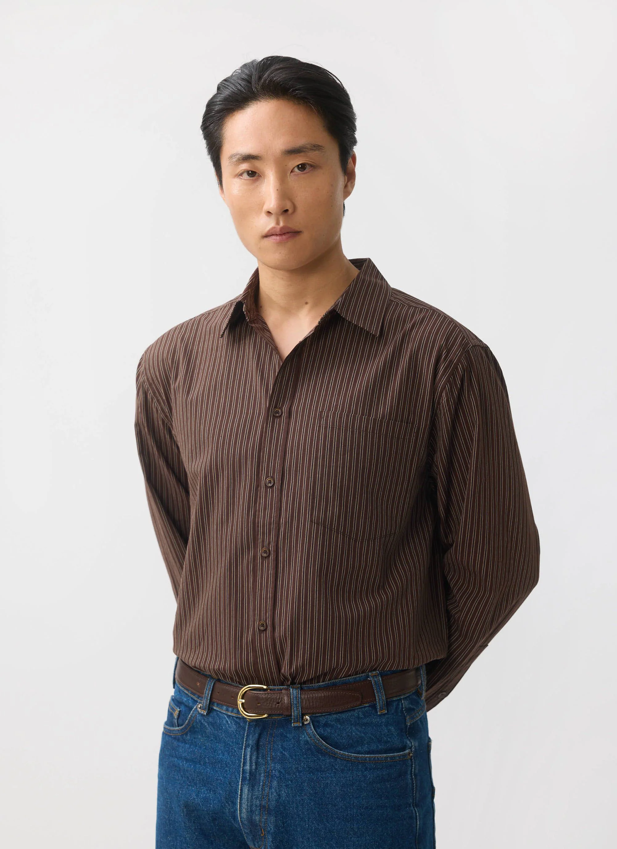 Clancy Striped Long Sleeve Shirt | Cotton | Brown - Image 2