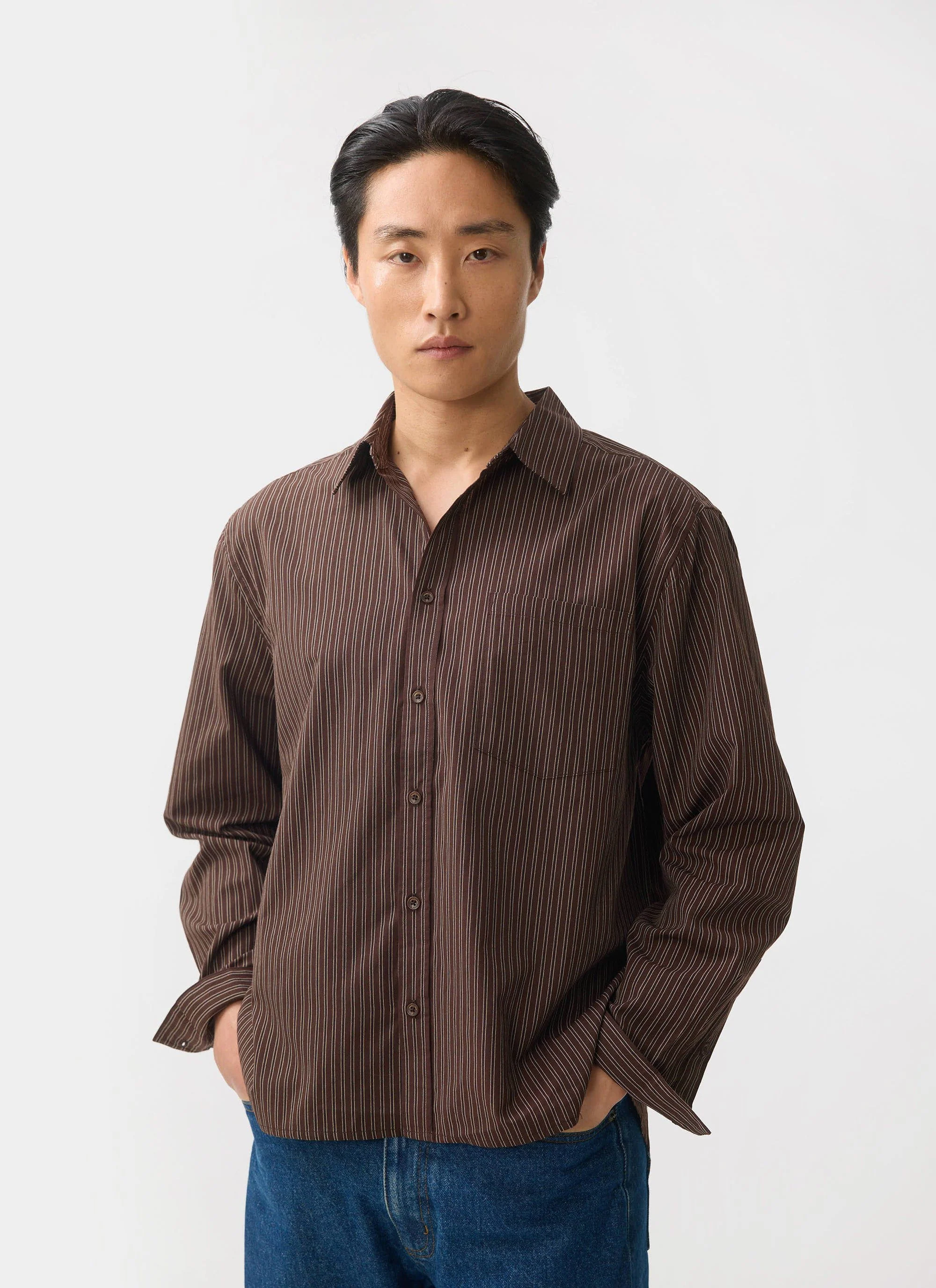 Clancy Striped Long Sleeve Shirt | Cotton | Brown - Image 5