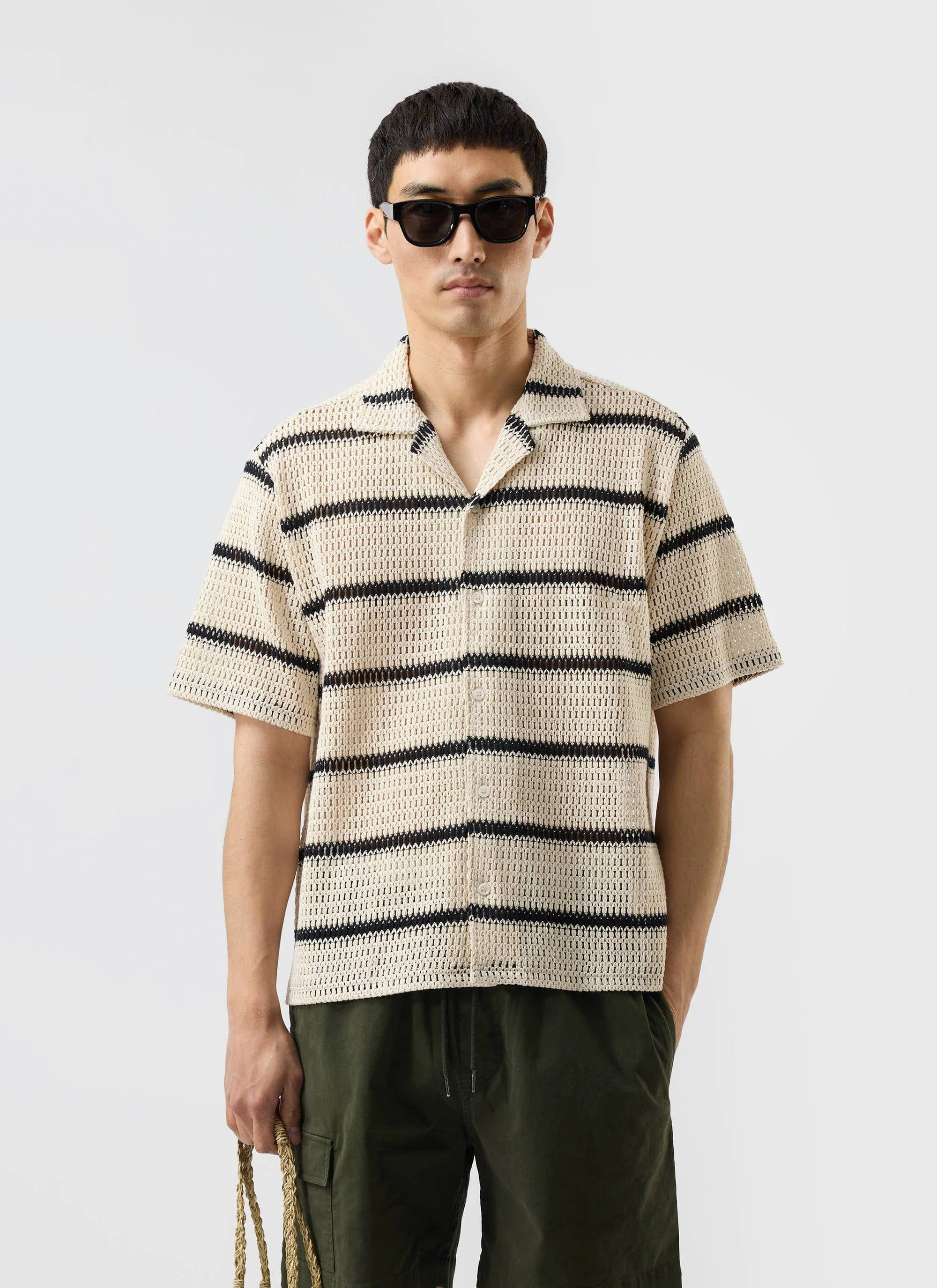 Crochet Groundsman Cuban Shirt | Ecru with Black