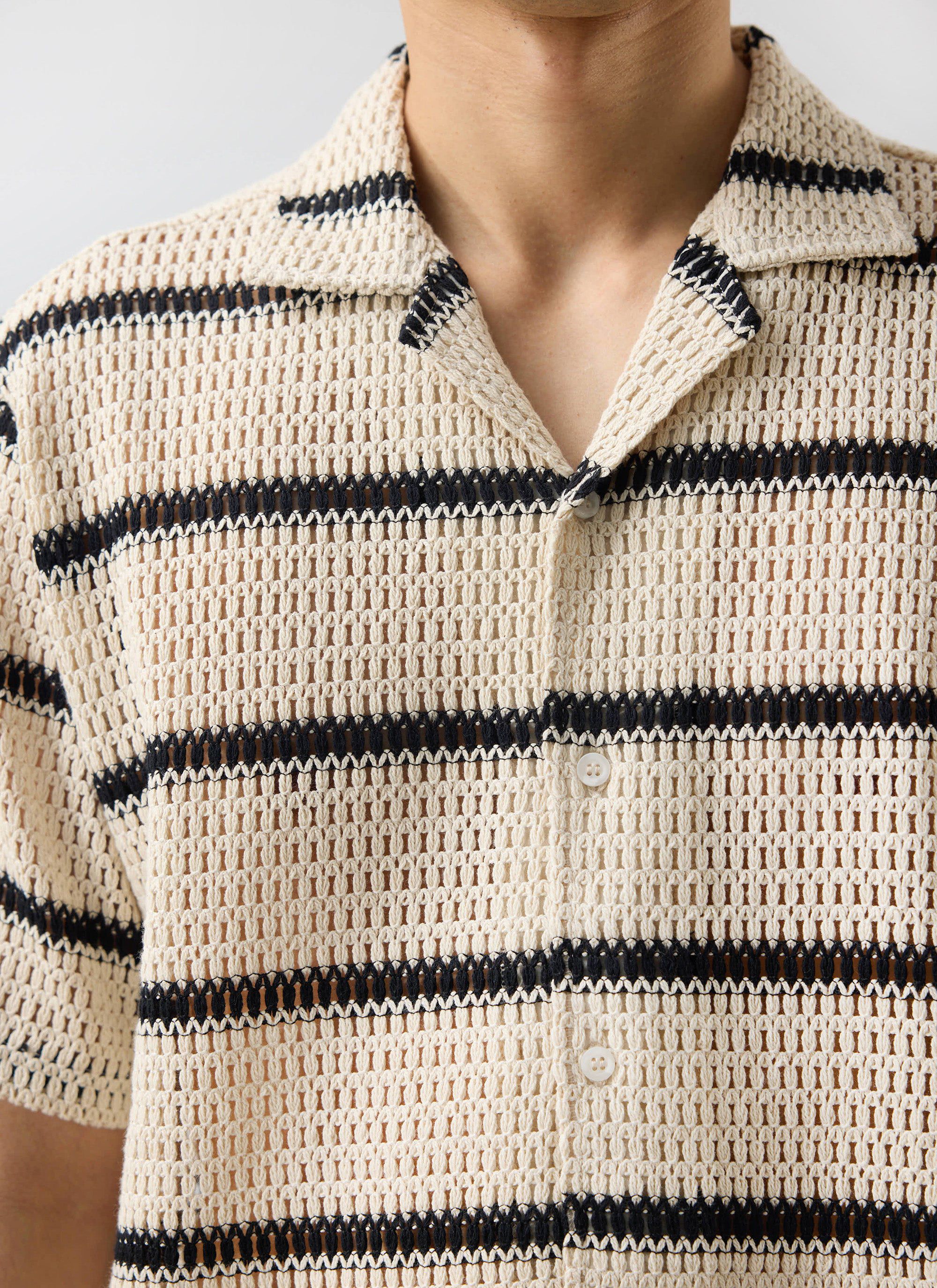 Crochet Groundsman Cuban Shirt | Ecru with Black - Image 2