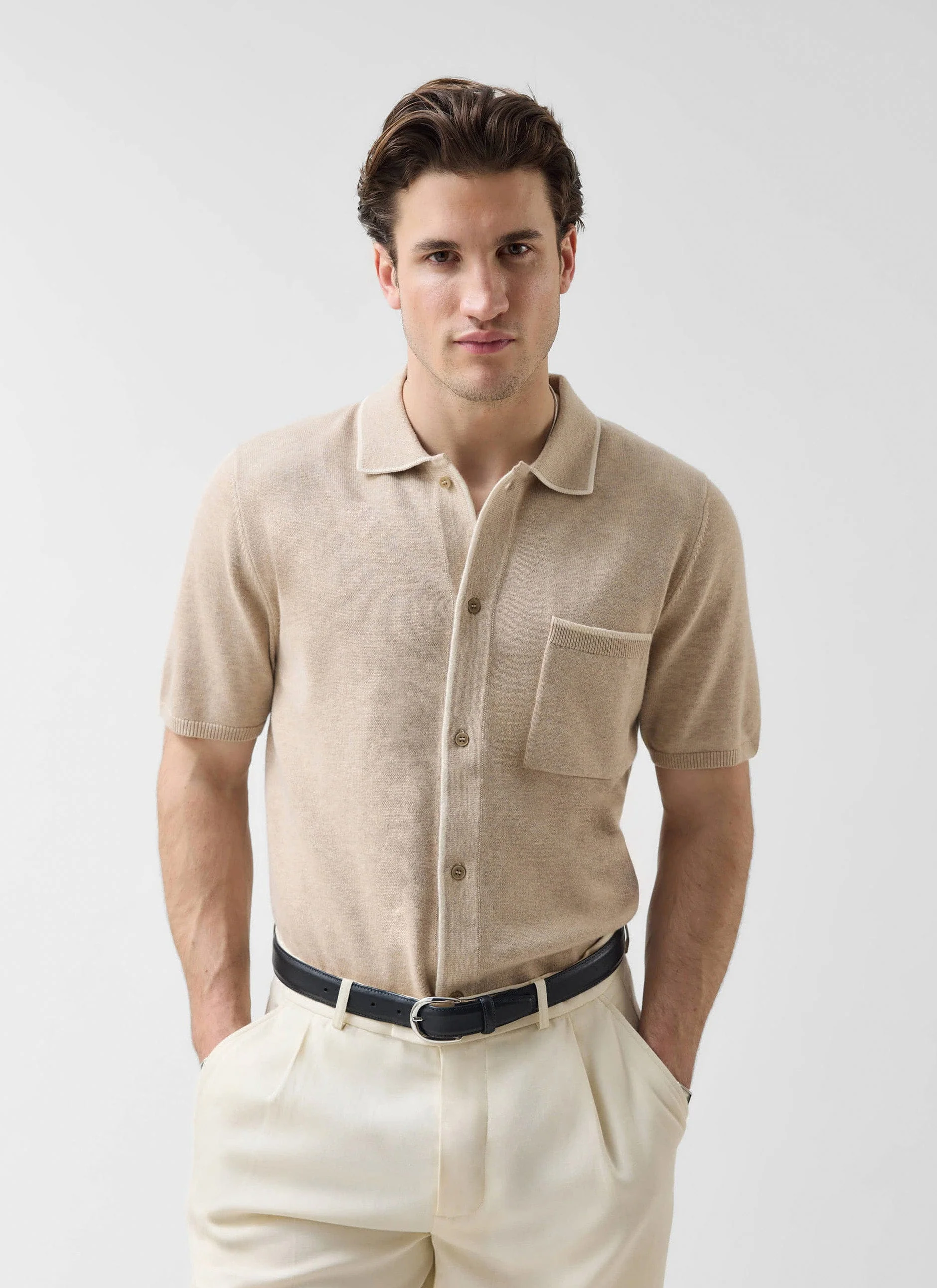 Contrast Trim Regular Knitted Shirt | Wool | Beige