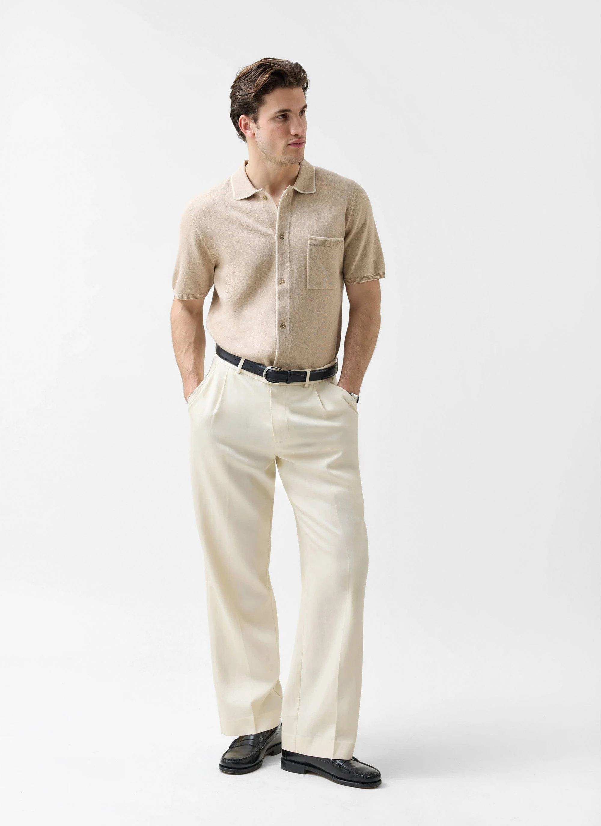 Contrast Trim Regular Knitted Shirt | Wool | Beige - Image 2