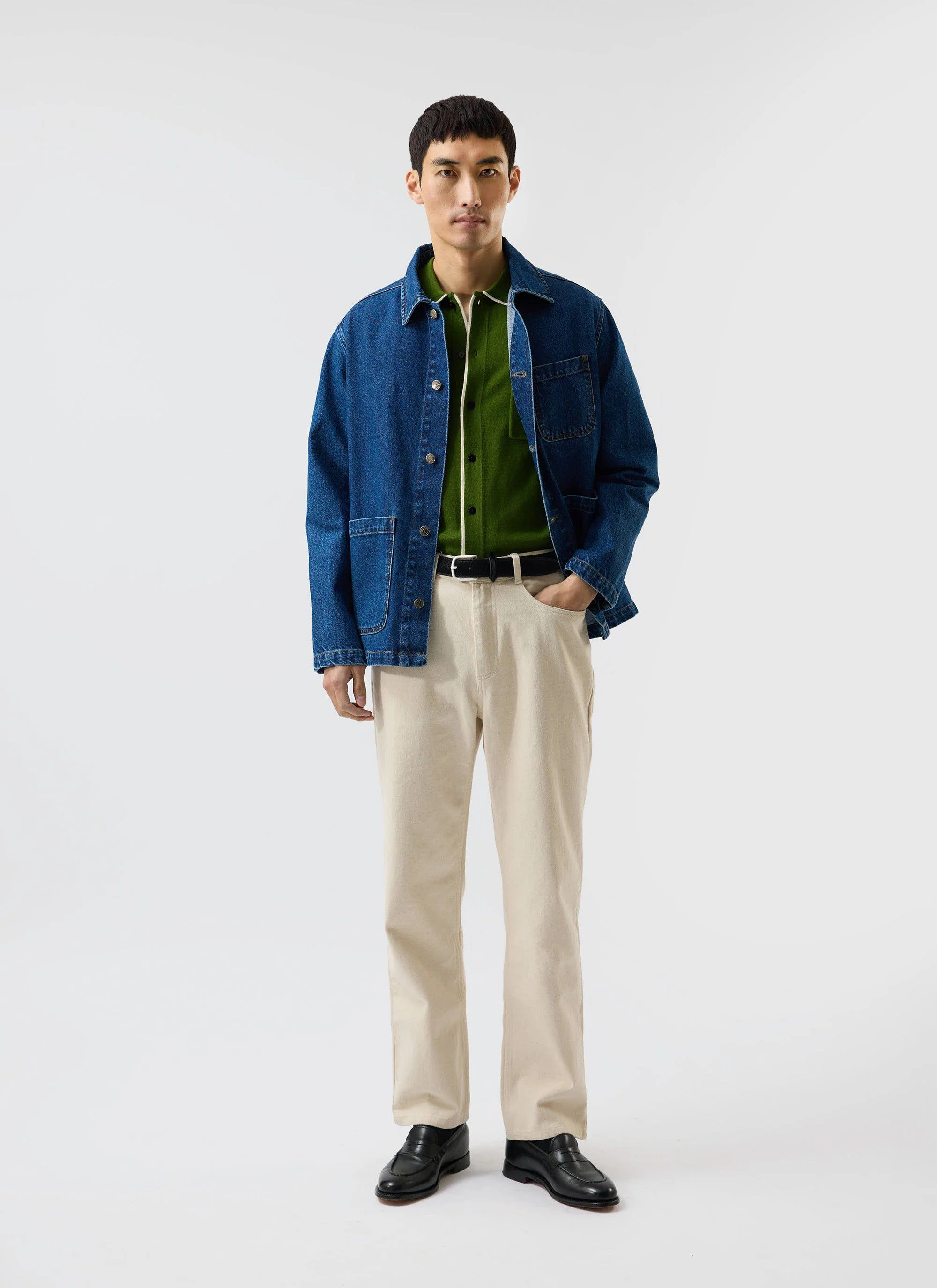 Contrast Trim Shirt | Wool | Forest with Ecru - Image 10