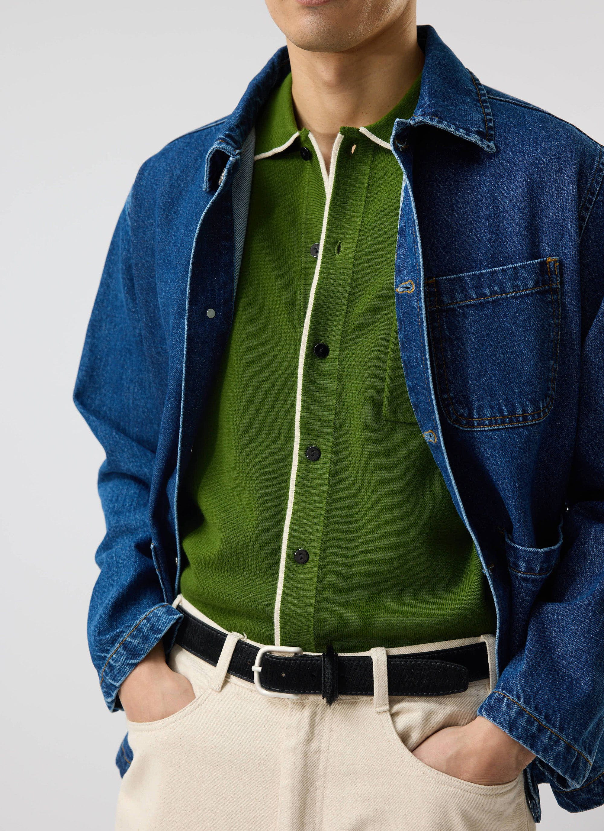 Contrast Trim Shirt | Wool | Forest with Ecru - Image 11