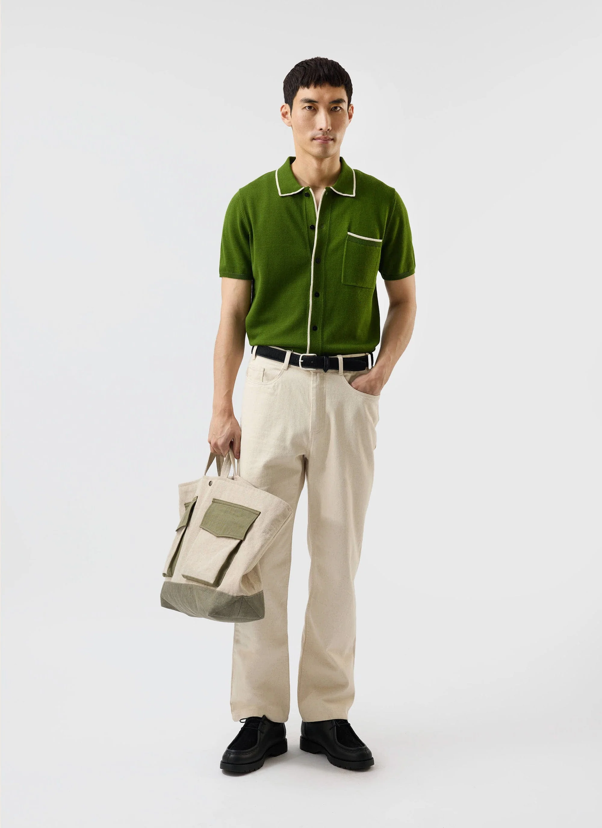 Contrast Trim Shirt | Wool | Forest with Ecru - Image 3