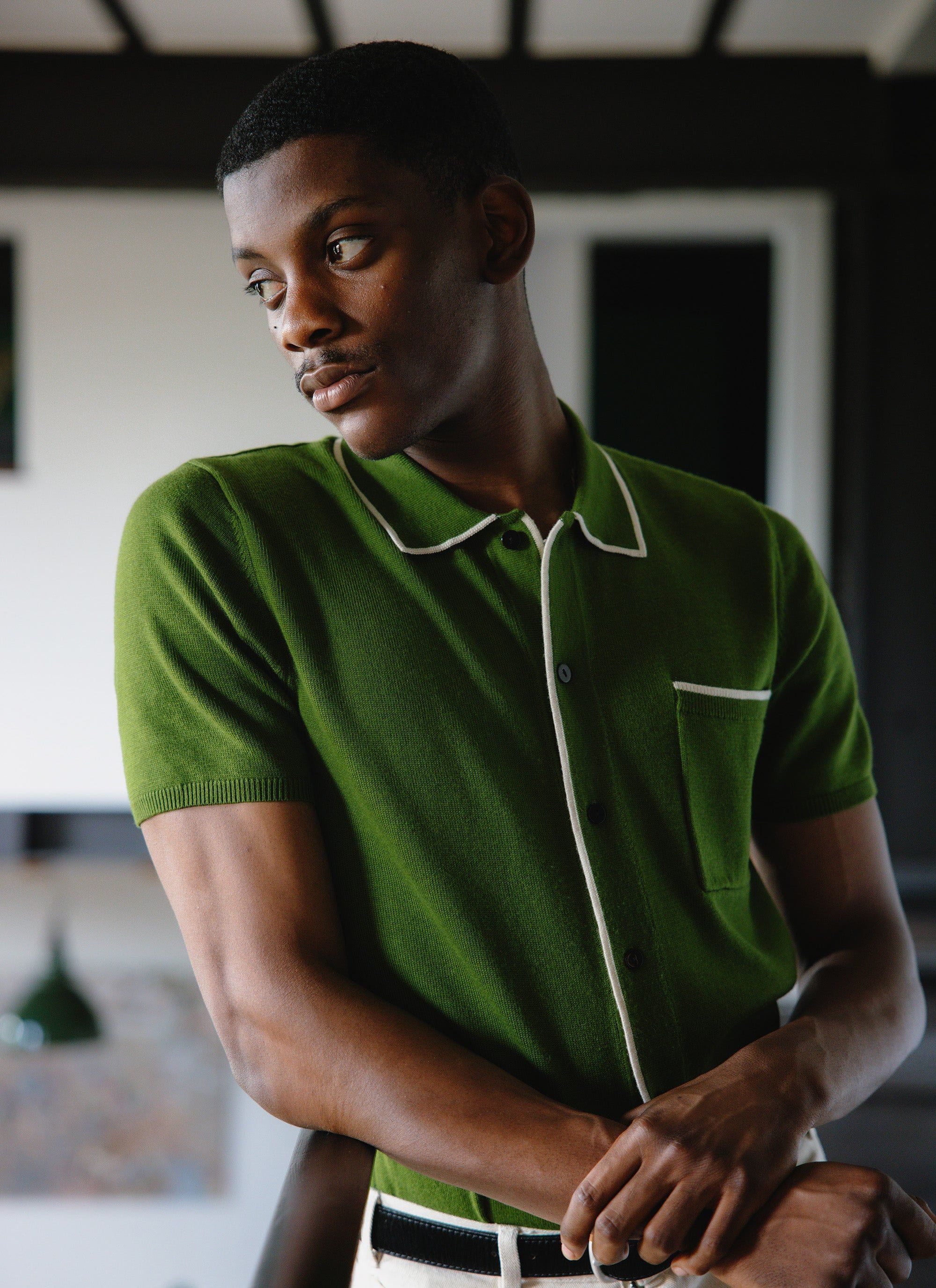 Contrast Trim Shirt | Wool | Forest with Ecru - Image 4