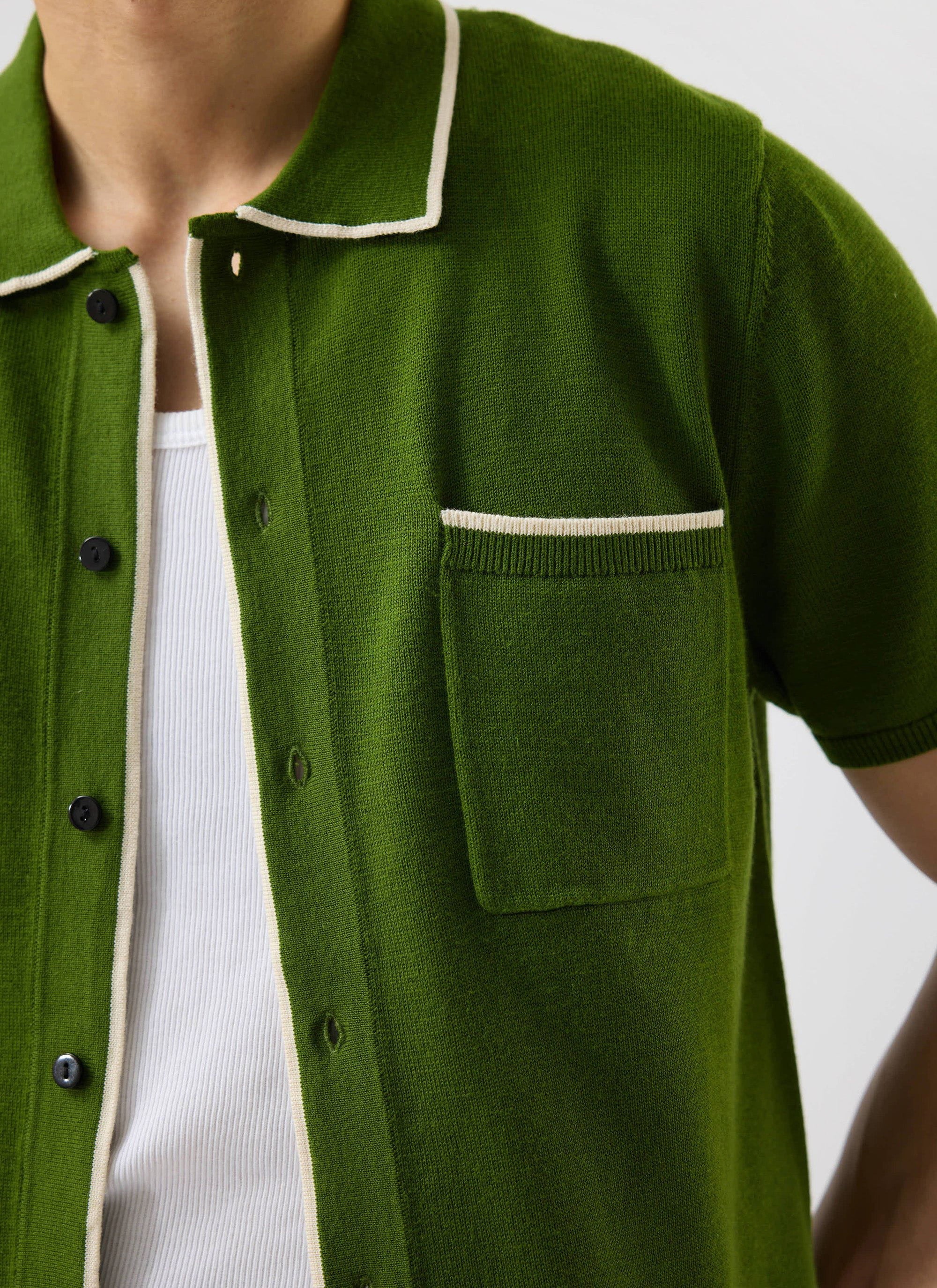 Contrast Trim Shirt | Wool | Forest with Ecru - Image 5