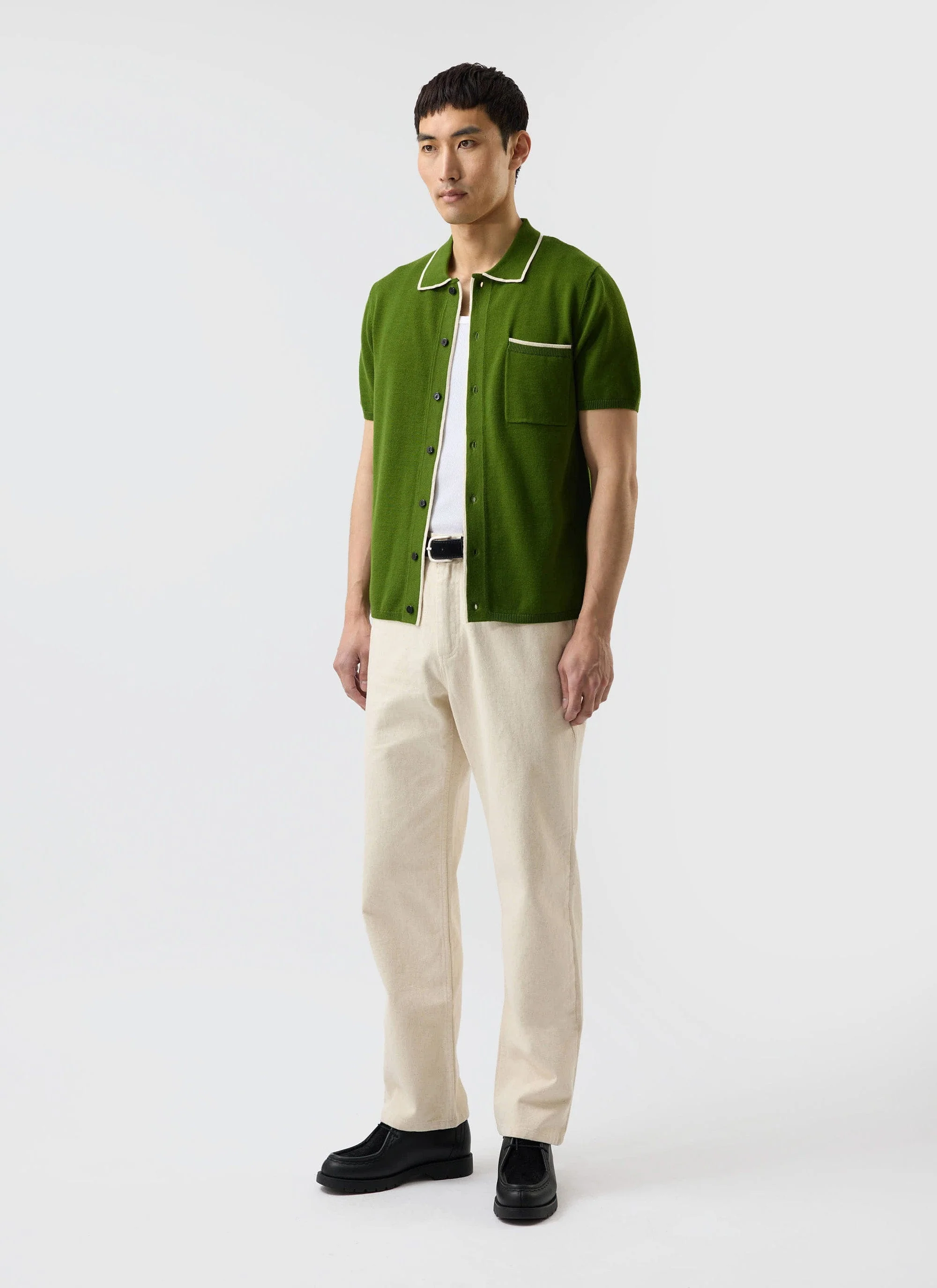 Contrast Trim Shirt | Wool | Forest with Ecru - Image 6