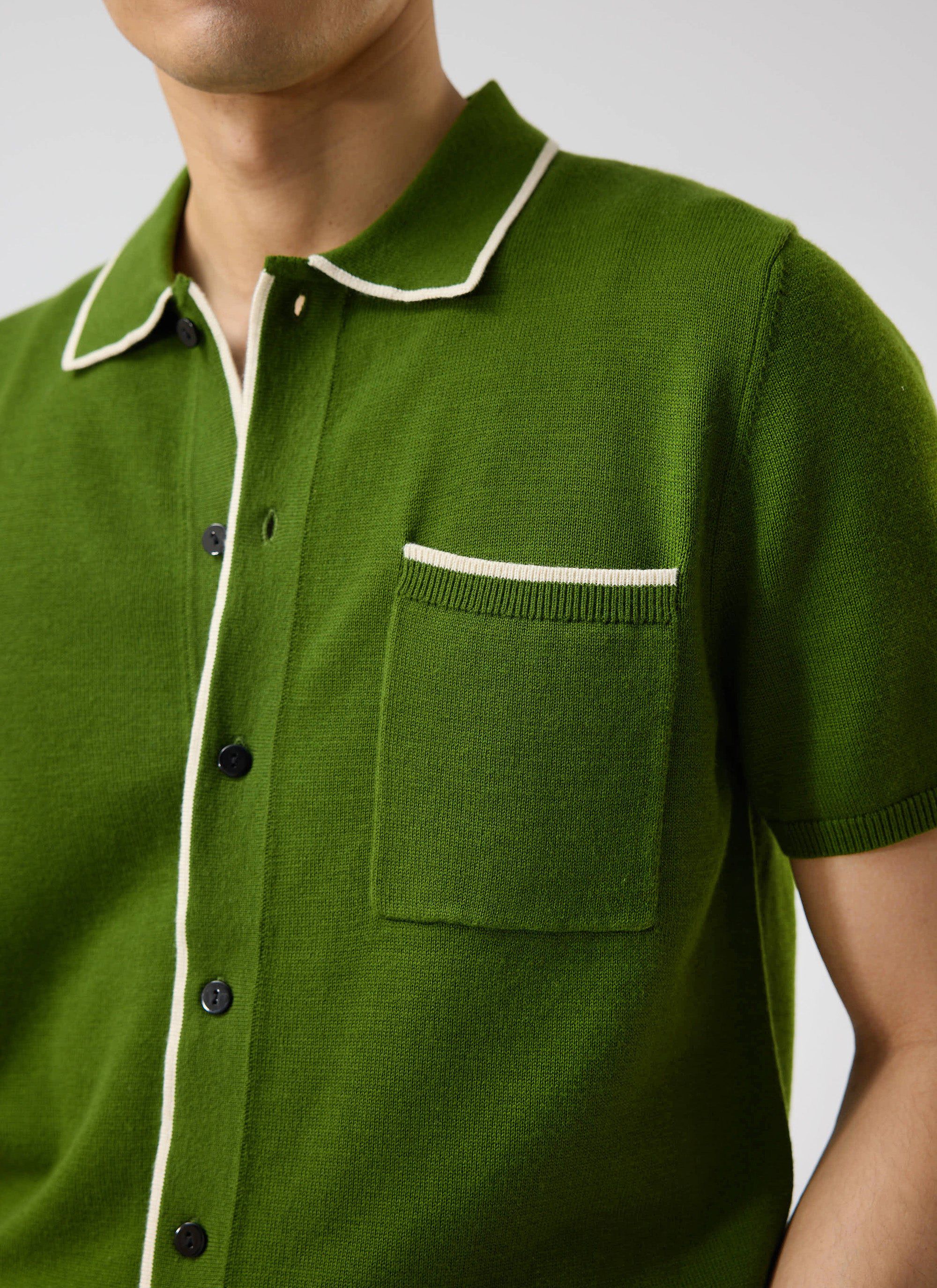 Contrast Trim Shirt | Wool | Forest with Ecru - Image 7