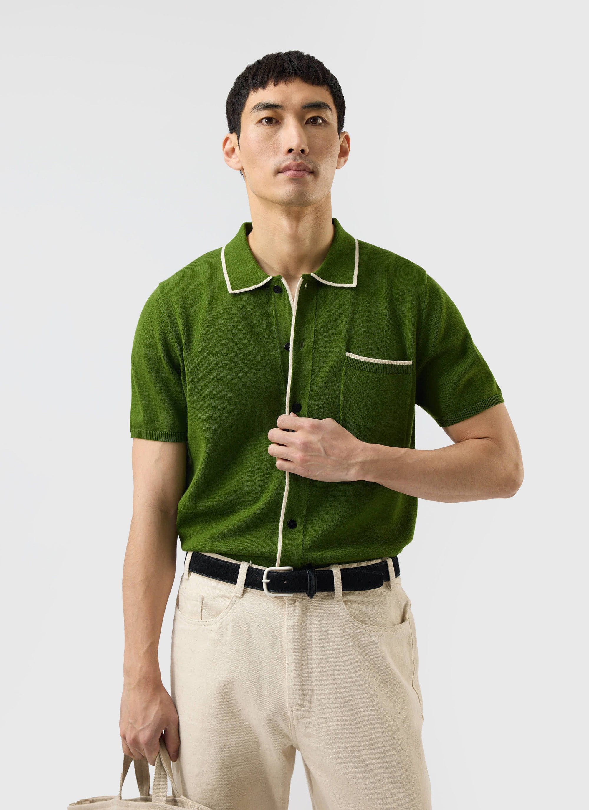 Contrast Trim Shirt | Wool | Forest with Ecru - Image 9