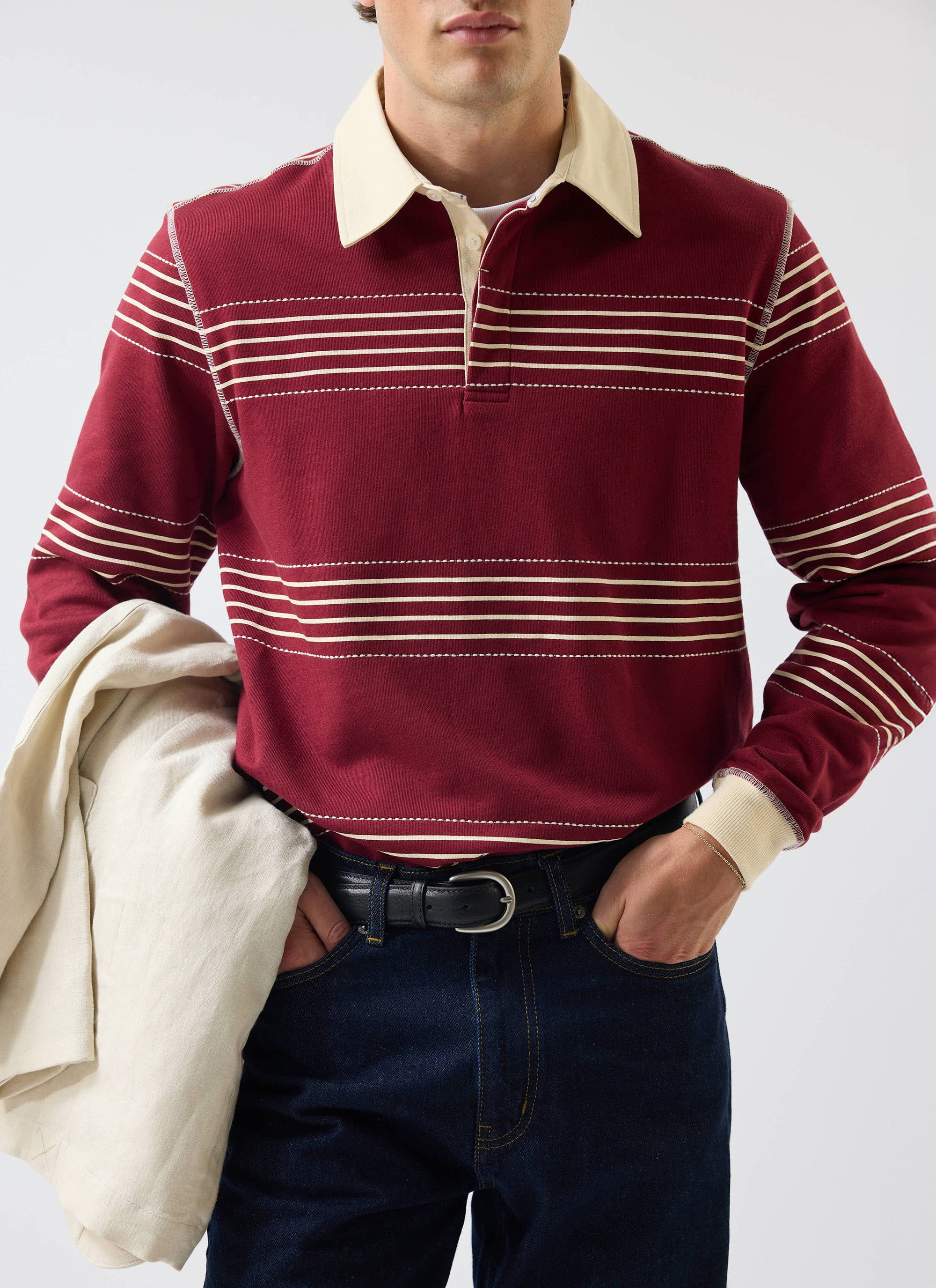 Editor Striped Rugby Polo Shirt | Cotton | Burgundy - Image 4