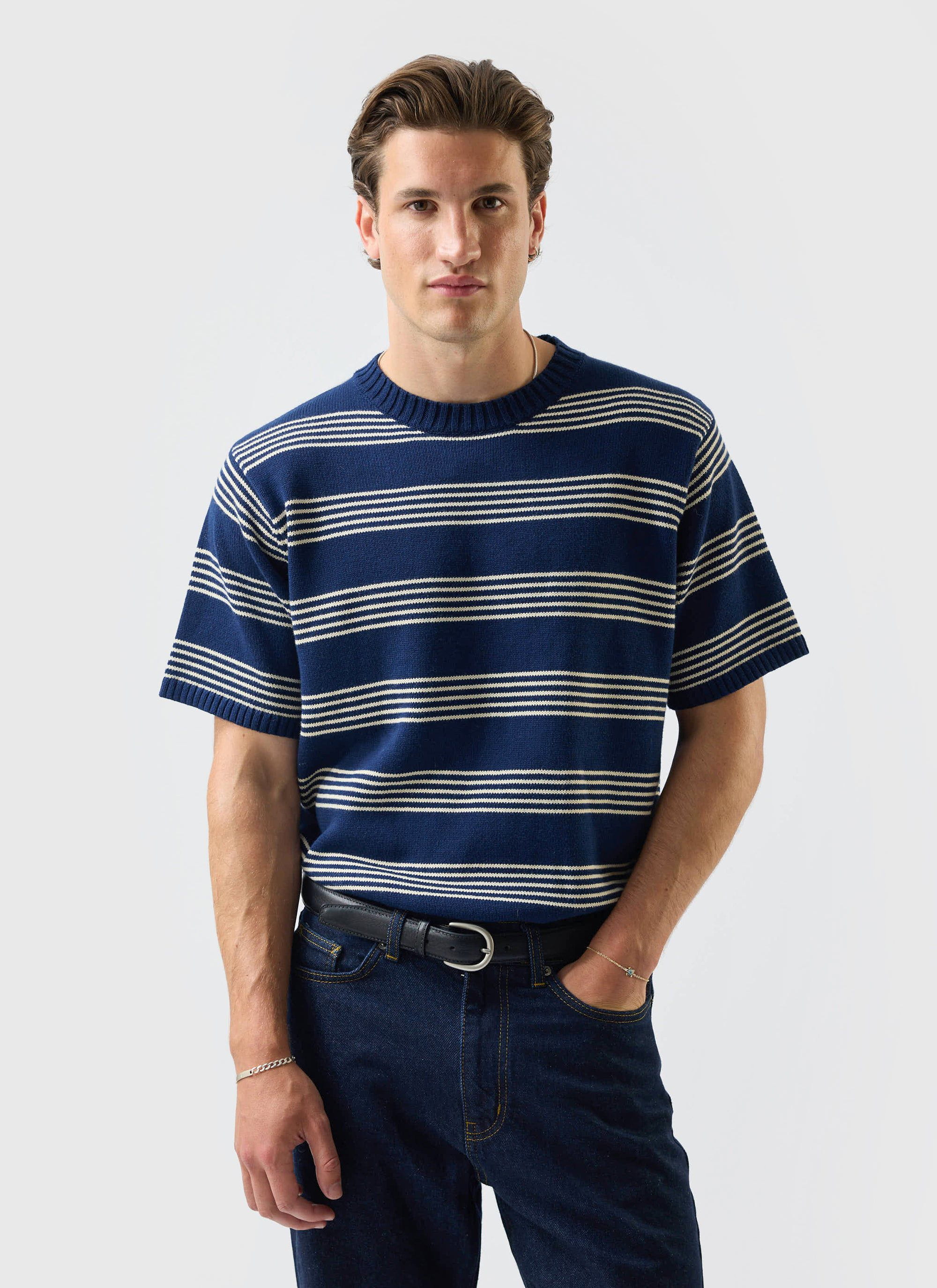 Fiction Striped Knitted T Shirt | Cotton | Navy - Image 5