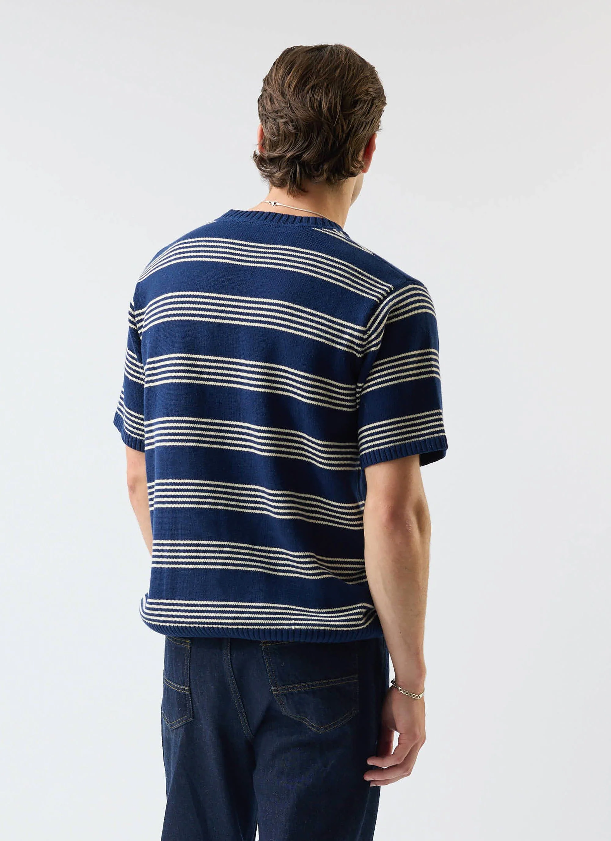 Fiction Striped Knitted T Shirt | Cotton | Navy - Image 6
