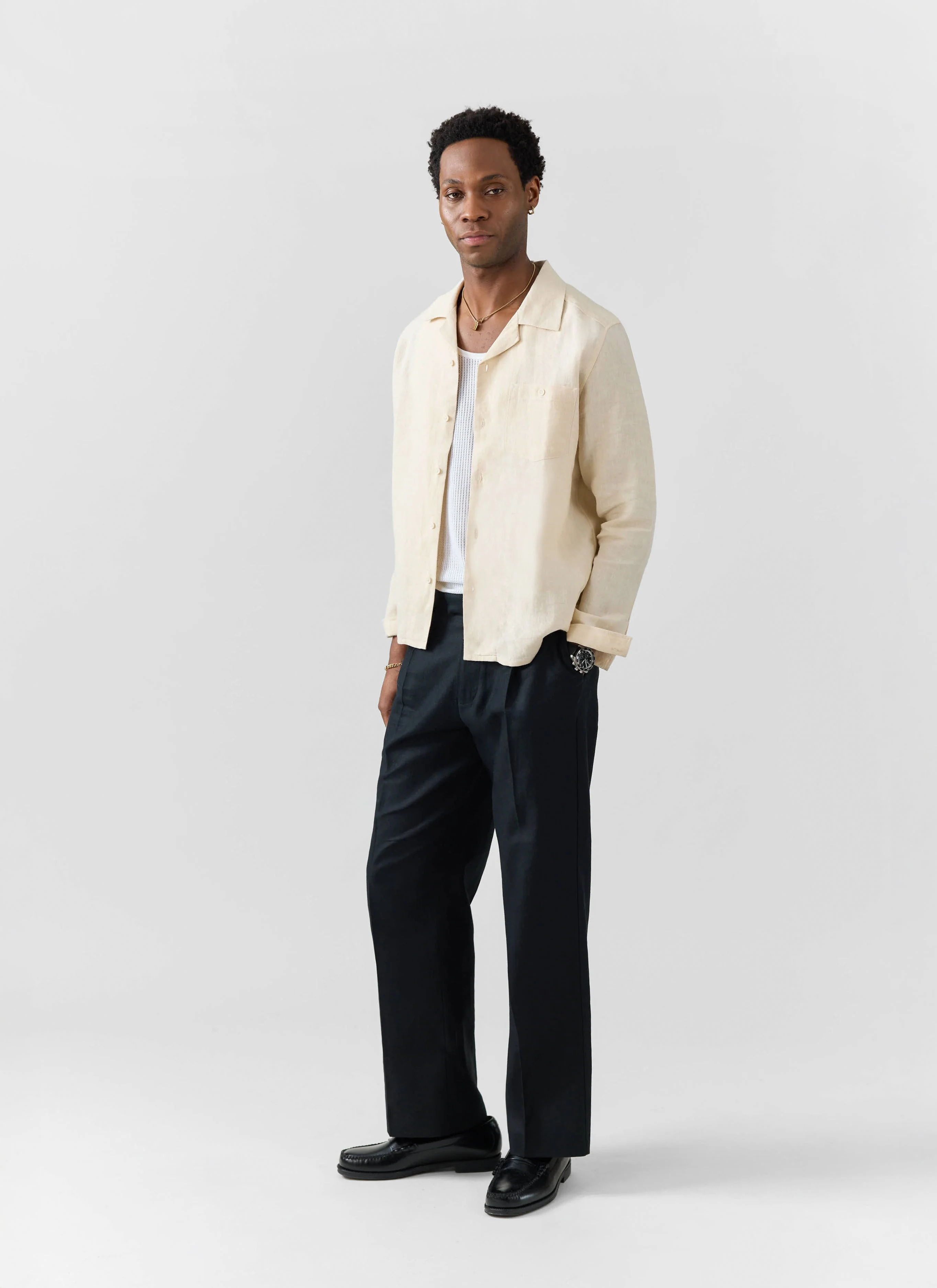 Long Sleeve Cuban Linen Shirt | Cream - Image 8