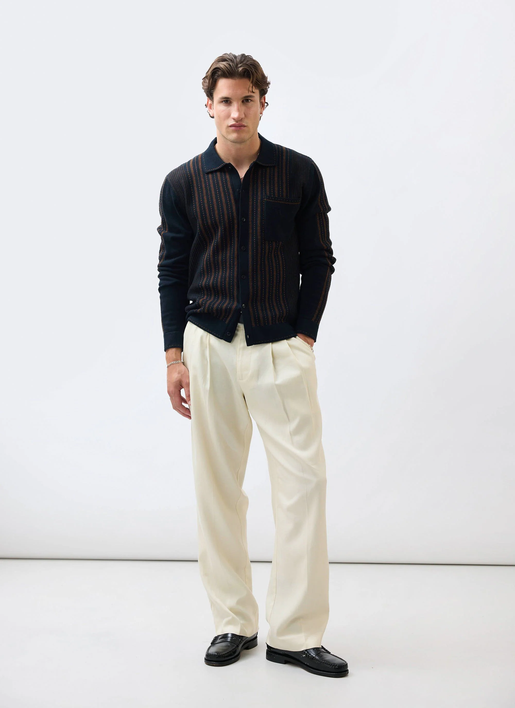 Appendix Long Sleeve Knitted Shirt | Cotton | Black with Brown - Image 2