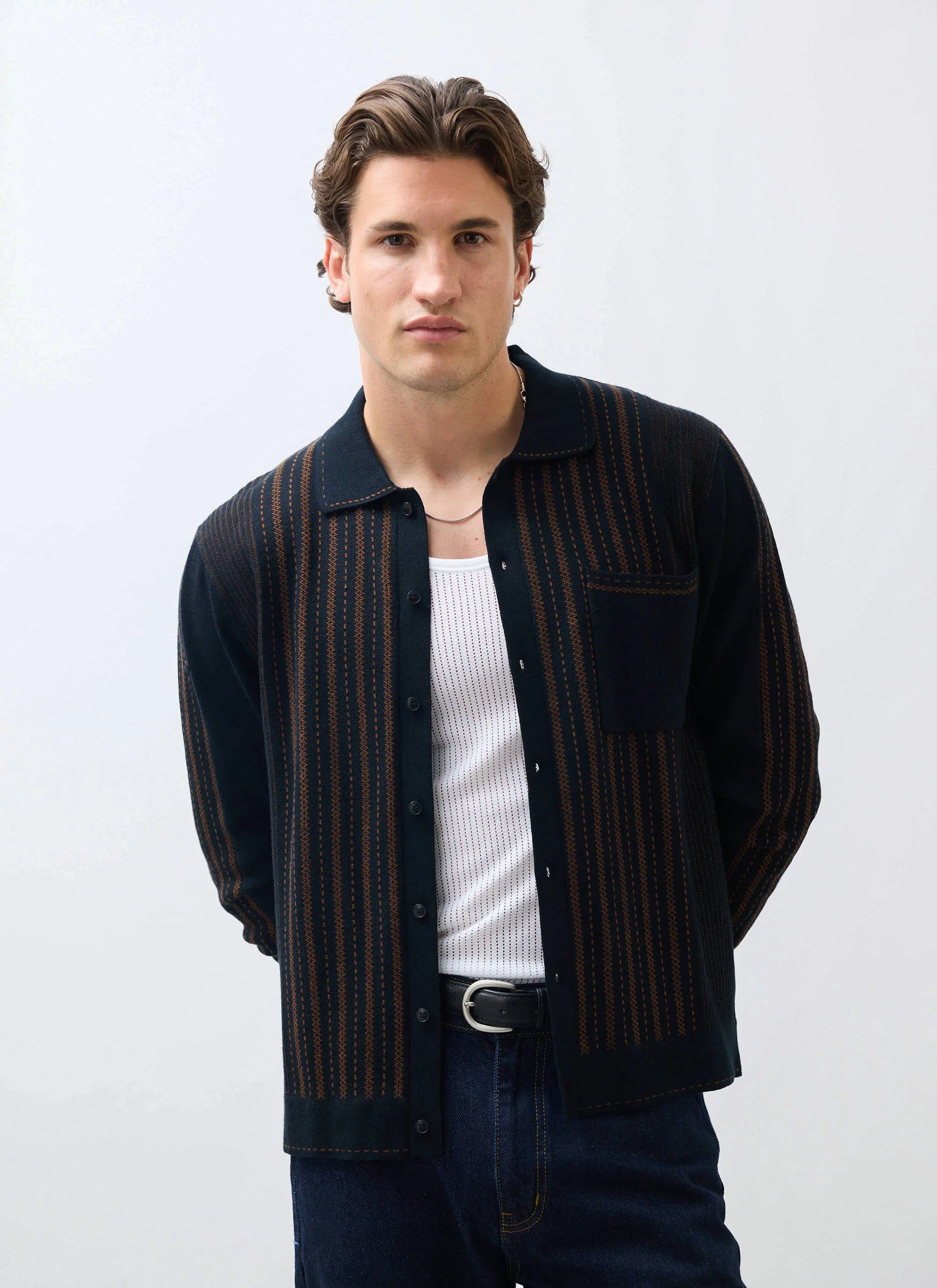 Appendix Long Sleeve Knitted Shirt | Cotton | Black with Brown - Image 5