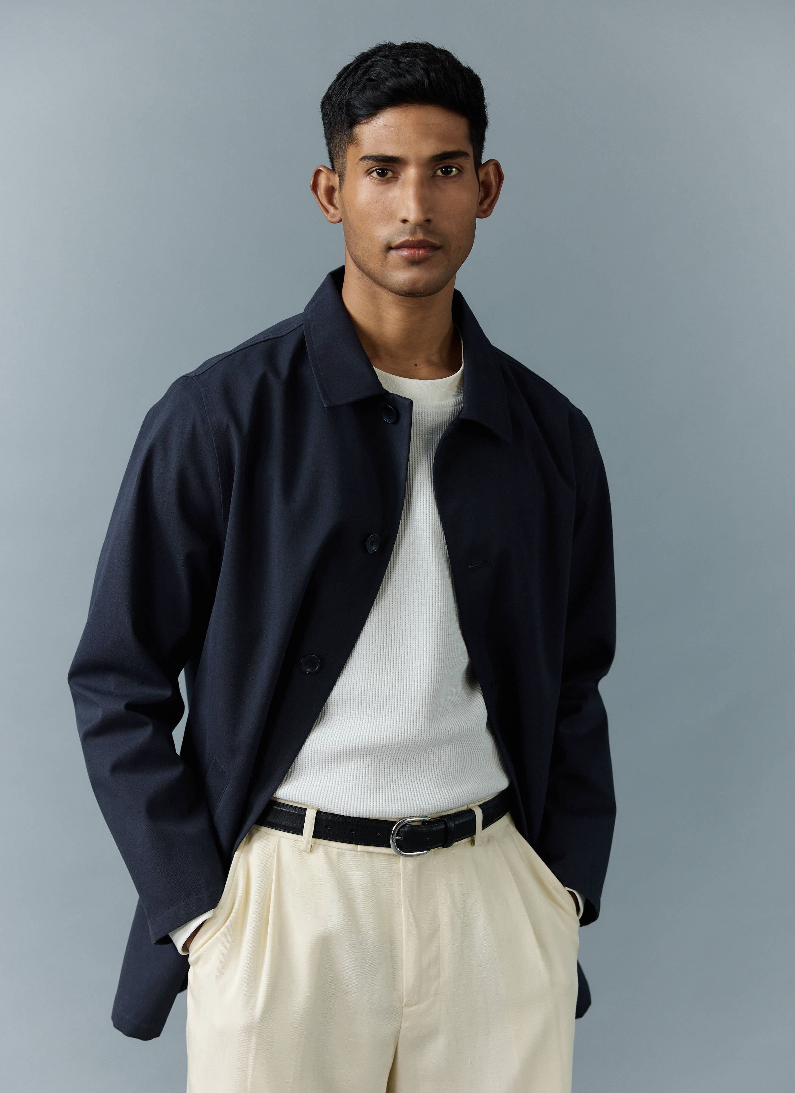 Men's Navy Sherlock Short Trench Coat | Waterproof | Midnight with Olive - Image 8