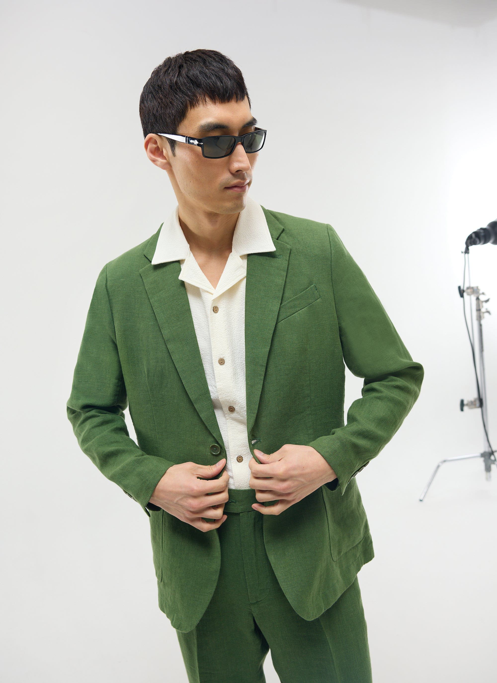 Men's Tailored Two Piece Suit | Linen | Forest Green - Image 3