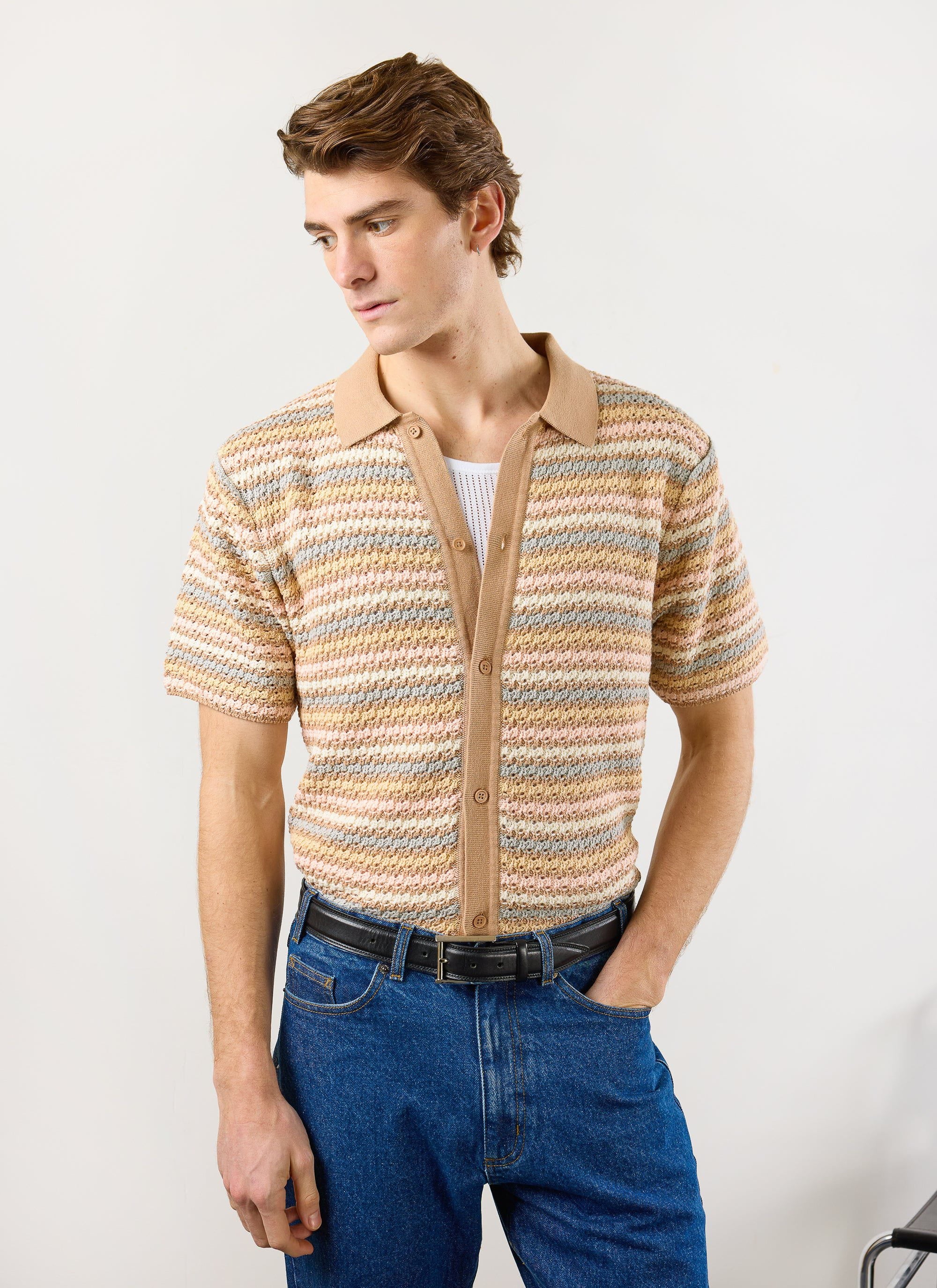 Sari Stripe Knitted Shirt | Cotton | Ecru