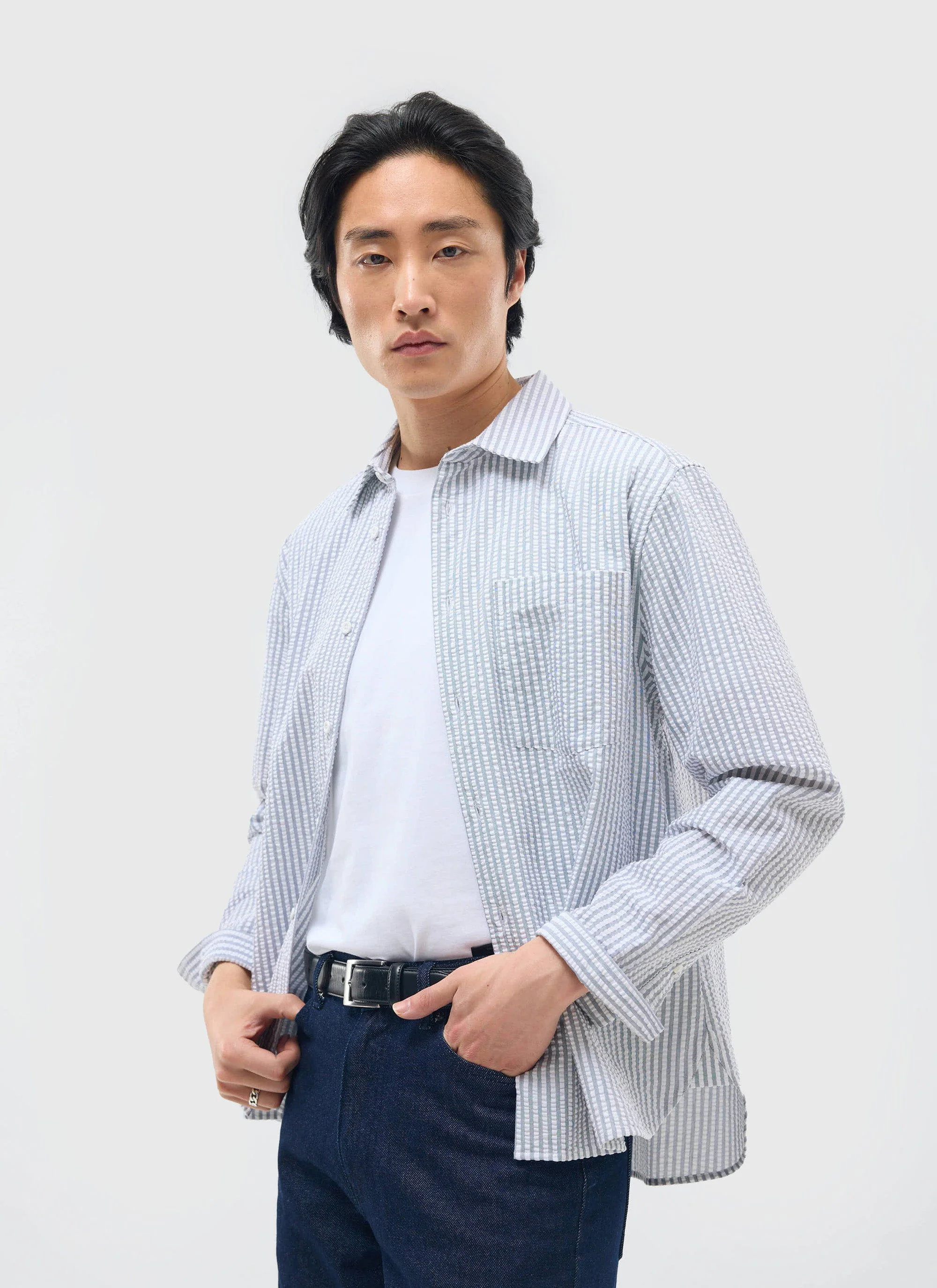 Seersucker Stripe Pearce Shirt | Cotton | Grey - Image 5
