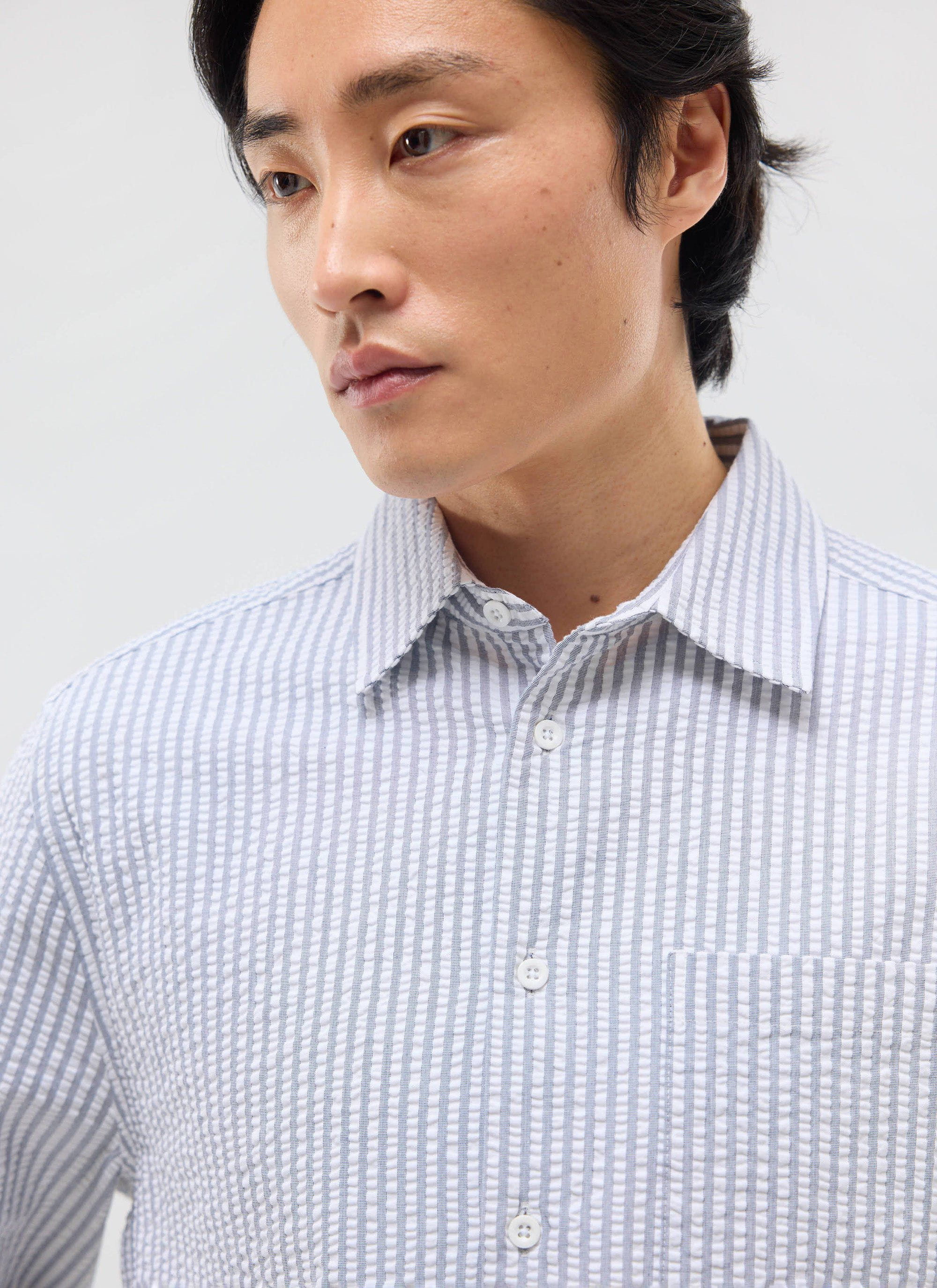 Seersucker Stripe Pearce Shirt | Cotton | Grey - Image 6