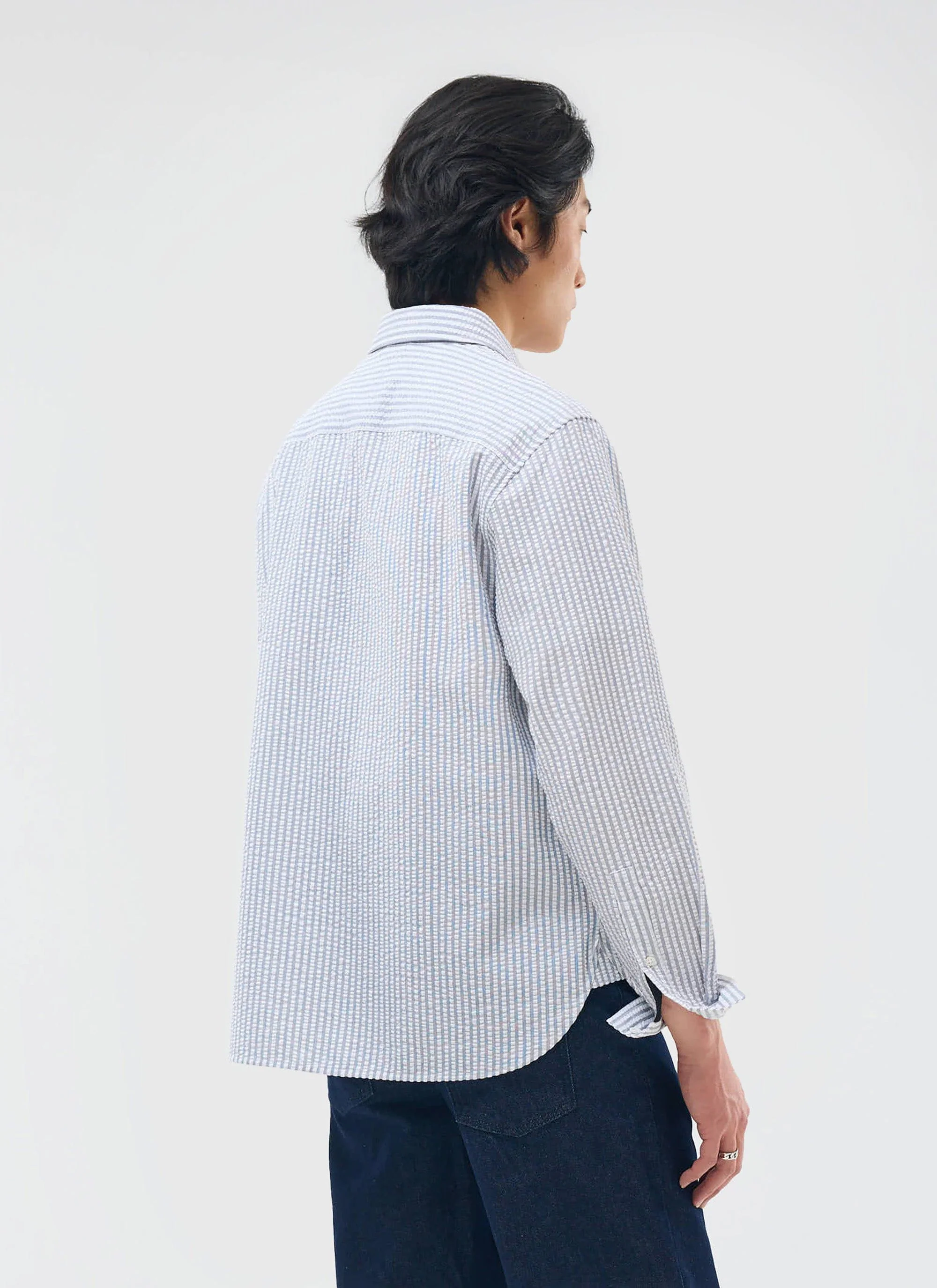Seersucker Stripe Pearce Shirt | Cotton | Grey - Image 7