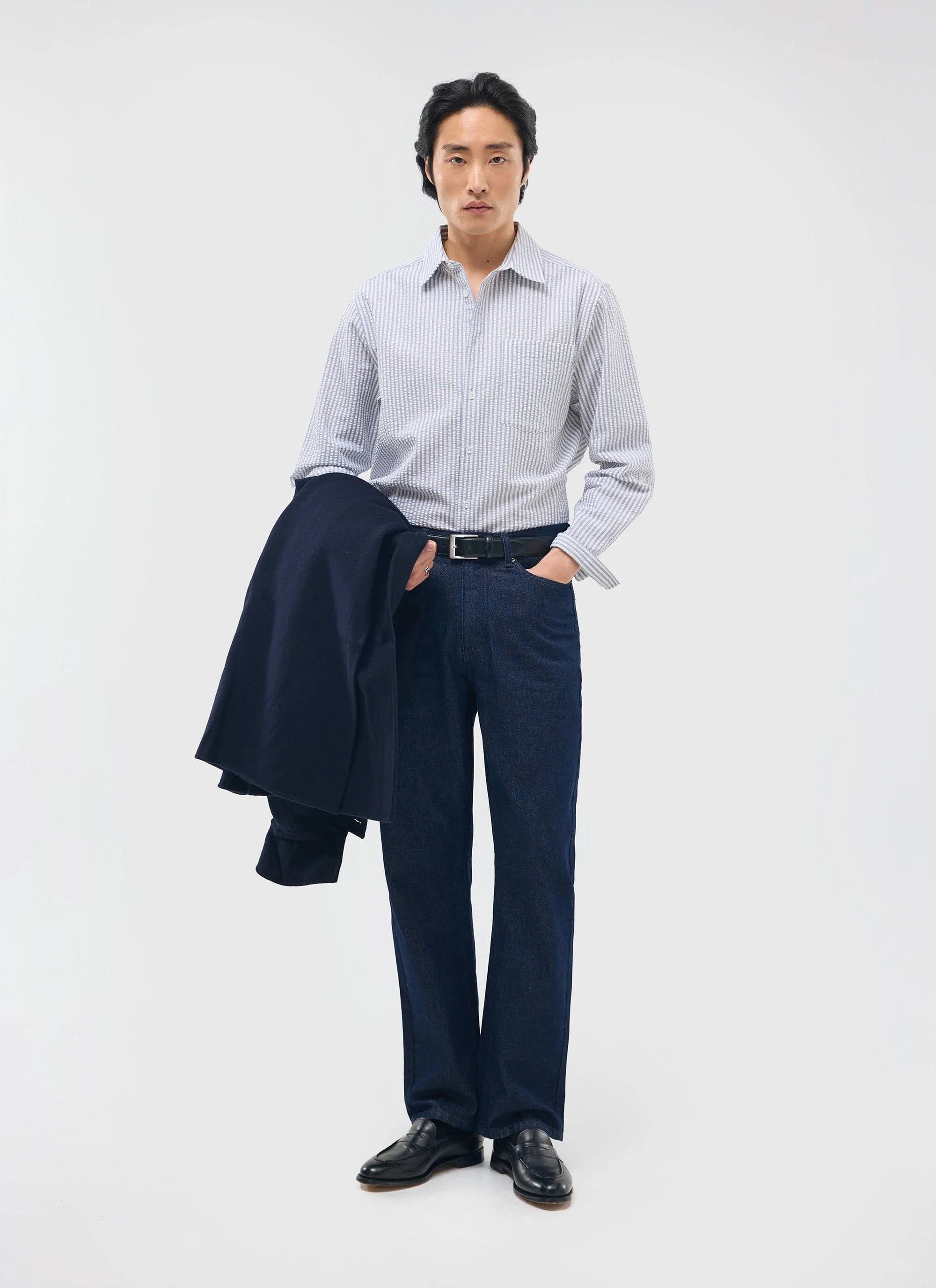 Seersucker Stripe Pearce Shirt | Cotton | Grey - Image 8