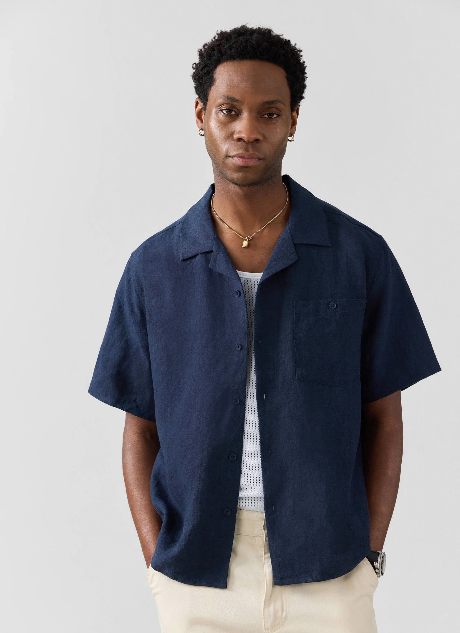 Short Sleeve Cuban Shirt | Linen | Navy - Image 3