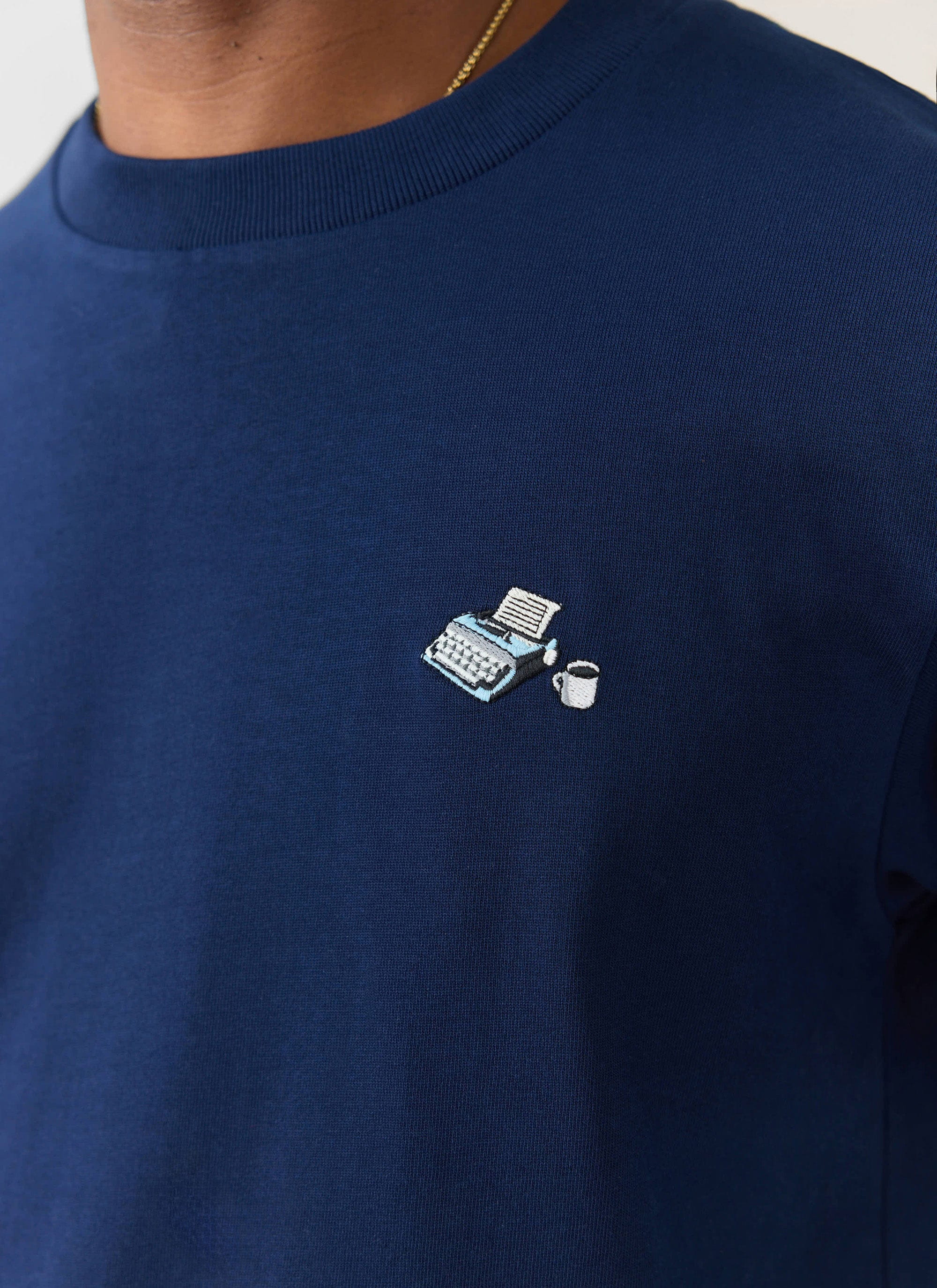 Typewriter Embroidered T Shirt | Organic Cotton | Navy